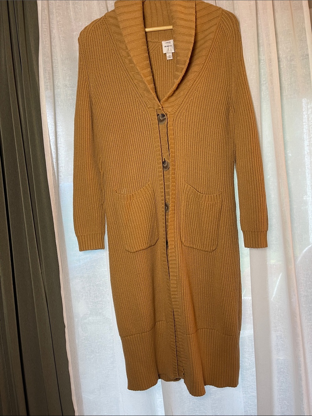 Maeve Long Shawl-Collar Cardigan in Mustard
